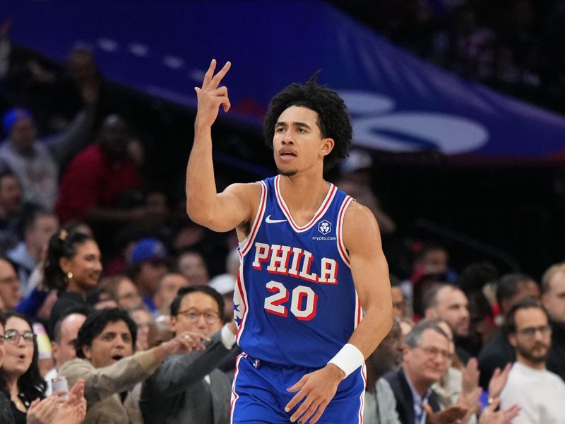 PHILADELPHIA, PA - NOVEMBER 13: Jared McCain #20 of the Philadelphia 76ers celebrates during the game against the Cleveland Cavaliers on November 13, 2024 at the Wells Fargo Center in Philadelphia, Pennsylvania NOTE TO USER: User expressly acknowledges and agrees that, by downloading and/or using this Photograph, user is consenting to the terms and conditions of the Getty Images License Agreement. Mandatory Copyright Notice: Copyright 2024 NBAE (Photo by Jesse D. Garrabrant/NBAE via Getty Images)