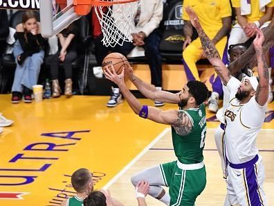 LOS ANGELES, CA - DECEMBER 25:  Jayson Tatum #0 of the Boston Celtics goes to the basket during the game on December 25, 2023 at Crypto.Com Arena in Los Angeles, California. NOTE TO USER: User expressly acknowledges and agrees that, by downloading and/or using this Photograph, user is consenting to the terms and conditions of the Getty Images License Agreement. Mandatory Copyright Notice: Copyright 2023 NBAE (Photo by Juan Ocampo/NBAE via Getty Images)