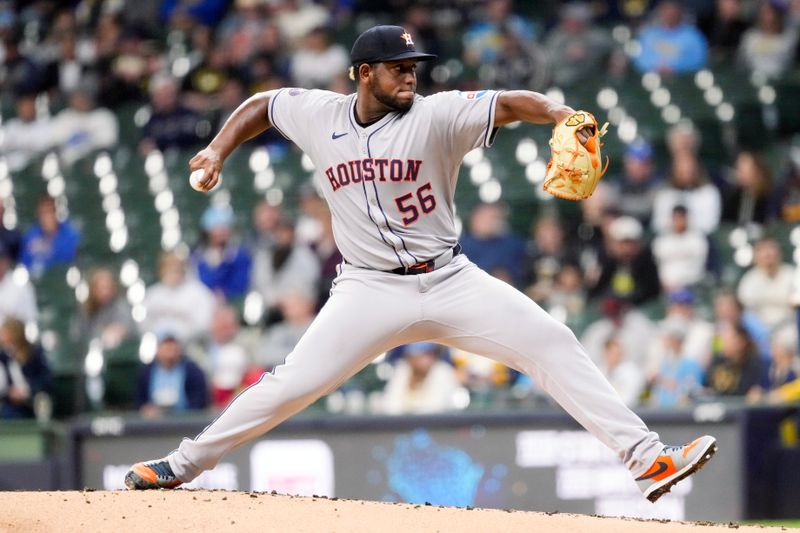 May 5, 2025; Milwaukee, Wisconsin, USA;  Houston Astros pitcher Ronel Blanco (56) throws a pitch during the first inning against the Milwaukee Brewers at American Family Field. Mandatory Credit: Jeff Hanisch-Imagn Images