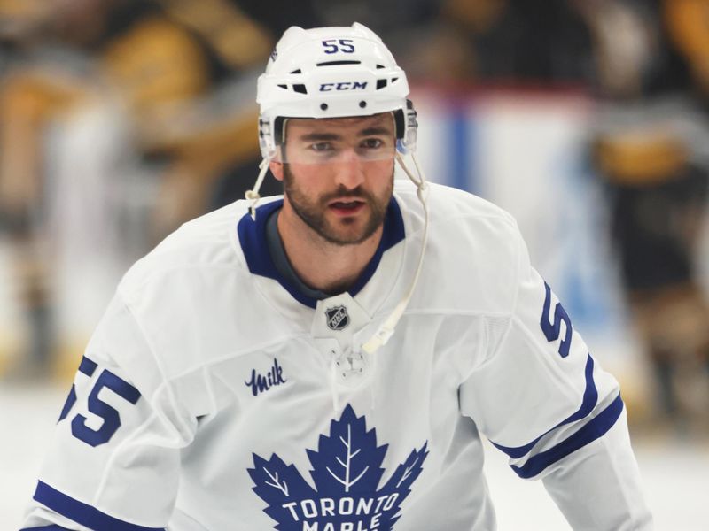 Nov 29, 2025; Pittsburgh, Pennsylvania, USA;  Toronto Maple Leafs center Nicolas Roy (55) warms up before the game against the Pittsburgh Penguins at PPG Paints Arena. Mandatory Credit: Charles LeClaire-Imagn Images