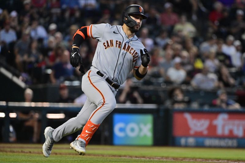 Sep 20, 2023; Phoenix, Arizona, USA;  San Francisco Giants right fielder Michael Conforto (8) runs after hitting a double in the second inning against the Arizona Diamondbacks at Chase Field. Mandatory Credit: Matt Kartozian-USA TODAY Sports