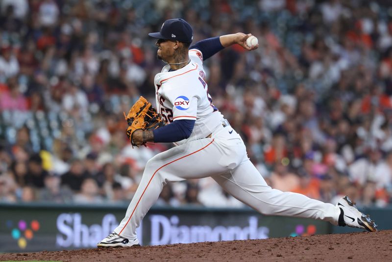 Mar 29, 2026; Houston, Texas, USA; Houston Astros pitcher Bryan Abreu (52) delivers a pitch during the ninth inning against the Los Angeles Angels at Daikin Park. Mandatory Credit: Troy Taormina-Imagn Images