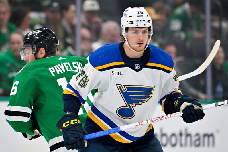 Apr 17, 2024; Dallas, Texas, USA; St. Louis Blues center Zack Bolduc (76) and Dallas Stars center Joe Pavelski (16) look for the puck at center ice during the second period at the American Airlines Center. Mandatory Credit: Jerome Miron-USA TODAY Sports