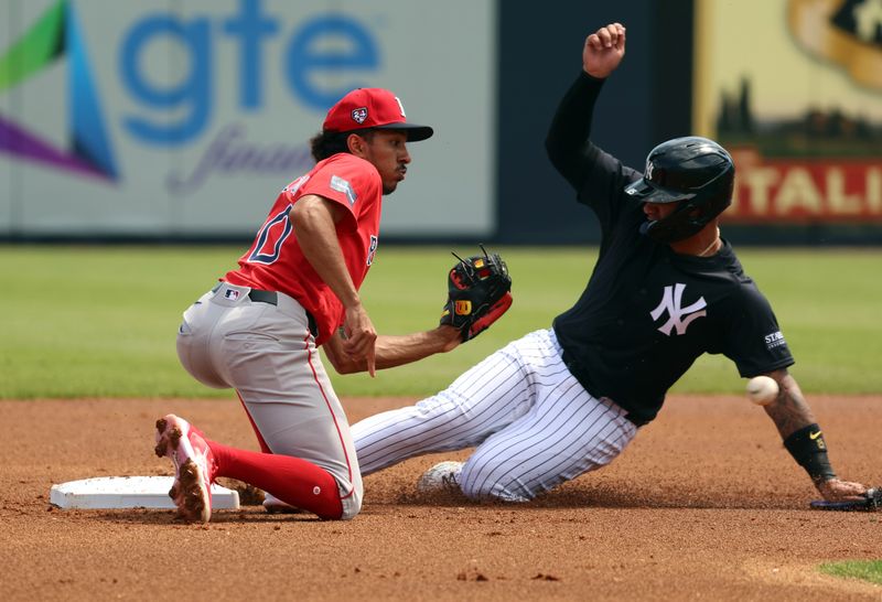 Mar 13, 2024; Tampa, Florida, USA; New York Yankees second baseman Gleyber Torres (25) slides safe into second base as Boston Red Sox shortstop David Hamilton (70) attempts to tag him out during the first inning at George M. Steinbrenner Field. Mandatory Credit: Kim Klement Neitzel-USA TODAY Sports