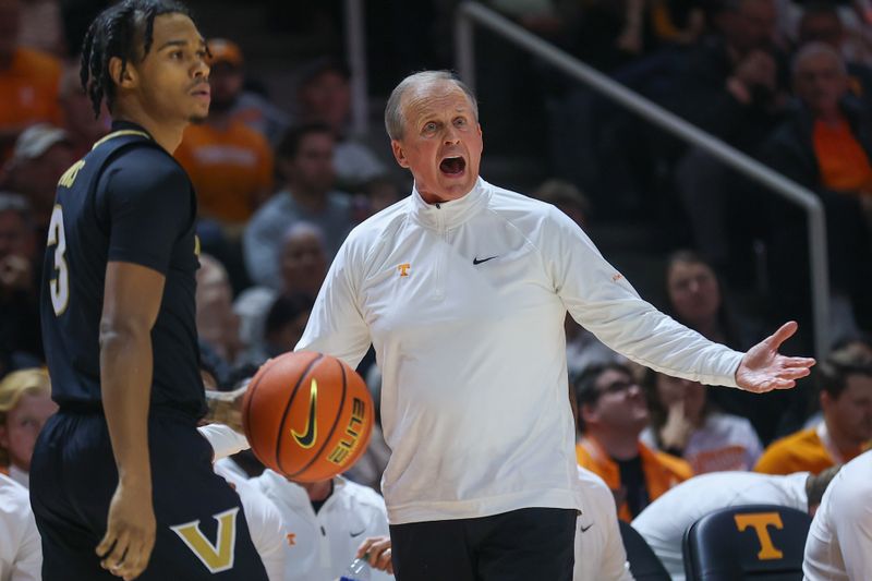 Feb 17, 2024; Knoxville, Tennessee, USA; Tennessee Volunteers head coach Rick Barnes during the first half against the Vanderbilt Commodores at Thompson-Boling Arena at Food City Center. Mandatory Credit: Randy Sartin-USA TODAY Sports