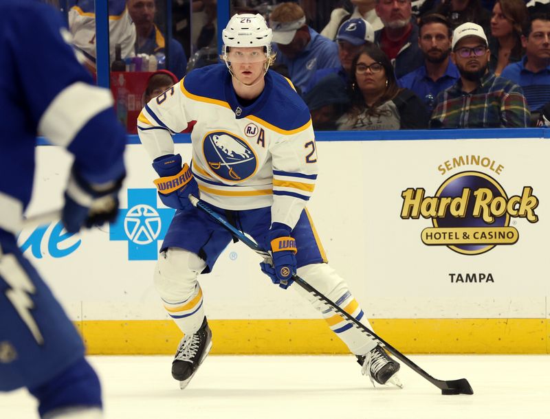 Apr 15, 2024; Tampa, Florida, USA;  Buffalo Sabres defenseman Rasmus Dahlin (26) skates with the puck against the Tampa Bay Lightning during the second period at Amalie Arena. Mandatory Credit: Kim Klement Neitzel-USA TODAY Sports