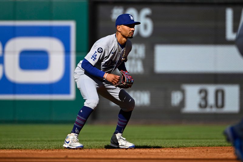 Apr 9, 2025; Washington, District of Columbia, USA; Los Angeles Dodgers shortstop Mookie Betts (50) in the field against the Washington Nationals during the fifth inning at Nationals Park. Mandatory Credit: Brad Mills-Imagn Images