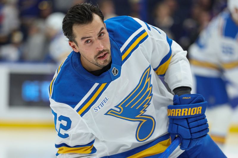 Dec 22, 2025; Tampa, Florida, USA; St. Louis Blues defenseman Justin Faulk (72) warms up before a game against the Tampa Bay Lightning at Benchmark International Arena. Mandatory Credit: Nathan Ray Seebeck-Imagn Images