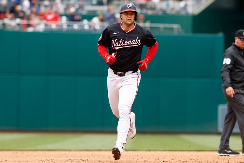 Apr 21, 2024; Washington, District of Columbia, USA; Washington Nationals third base Nick Senzel (13) rounds the bases after hitting a home run against the Houston Astros during the sixth inning at Nationals Park. Mandatory Credit: Geoff Burke-USA TODAY Sports