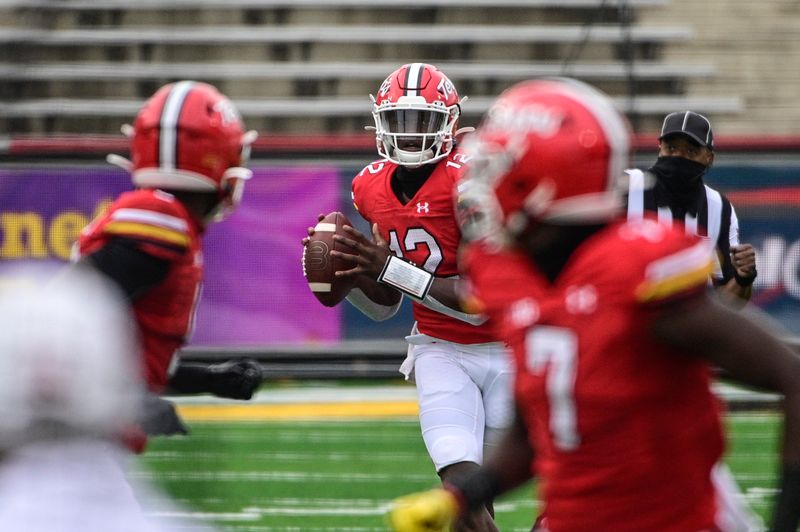 Dec 12, 2020; College Park, Maryland, USA; Maryland Terrapins quarterback Lance LeGendre (12) looks to throw during the first quarter against the Rutgers Scarlet Knights at Capital One Field at Maryland Stadium. Mandatory Credit: Tommy Gilligan-USA TODAY Sports