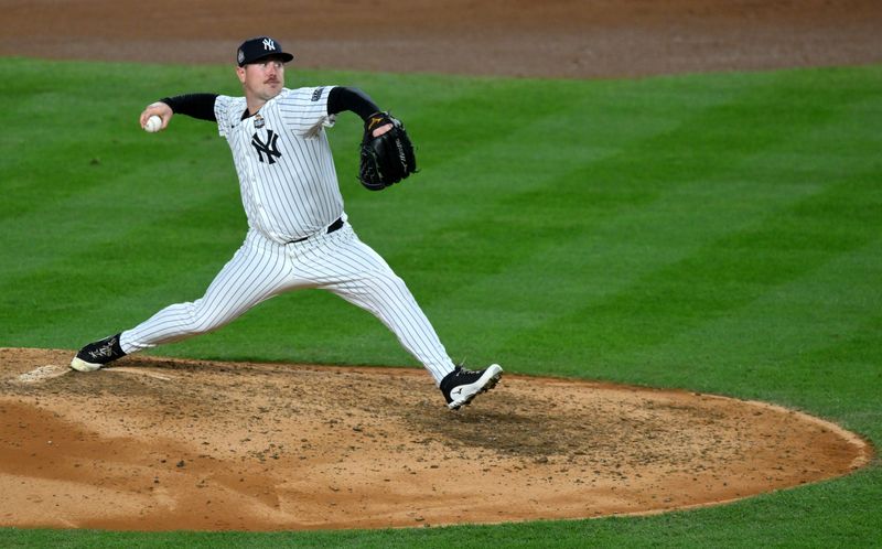 Oct 29, 2024; New York, New York, USA; New York Yankees pitcher Mark Leiter Jr. (38) throws during the seventh inning against the Los Angeles Dodgers in game four of the 2024 MLB World Series at Yankee Stadium. Mandatory Credit: John Jones-Imagn Images