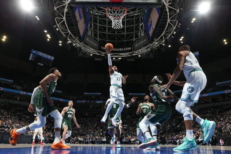 MINNEAPOLIS, MN -  FEBRUARY 23: Monte Morris #23 of the of the Minnesota Timberwolves goes to the basket during the game on February 23, 2024 at Target Center in Minneapolis, Minnesota. NOTE TO USER: User expressly acknowledges and agrees that, by downloading and or using this Photograph, user is consenting to the terms and conditions of the Getty Images License Agreement. Mandatory Copyright Notice: Copyright 2024 NBAE (Photo by David Sherman/NBAE via Getty Images)