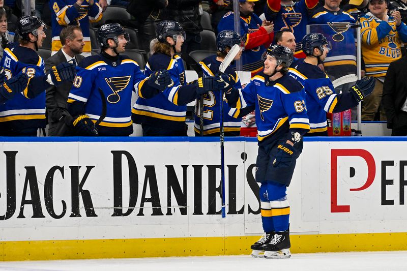 Nov 30, 2023; St. Louis, Missouri, USA;  St. Louis Blues left wing Jake Neighbours (63) is congratulated by teammates after scoring against the Buffalo Sabres during the first period at Enterprise Center. Mandatory Credit: Jeff Curry-USA TODAY Sports