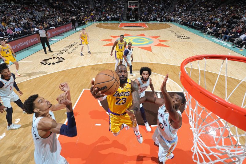 SAN ANTONIO, TX - NOVEMBER 27: LeBron James #23 of the Los Angeles Lakers drives to the basket during the game against the San Antonio Spurs on November 27, 2024 at the Frost Bank Center in San Antonio, Texas. NOTE TO USER: User expressly acknowledges and agrees that, by downloading and or using this photograph, user is consenting to the terms and conditions of the Getty Images License Agreement. Mandatory Copyright Notice: Copyright 2024 NBAE (Photos by Jeff Haynes/NBAE via Getty Images)