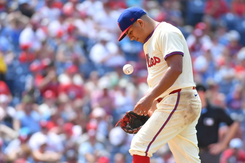 Jun 30, 2024; Philadelphia, Pennsylvania, USA; Philadelphia Phillies pitcher Ranger Suárez (55) reacts after before pulled from the game against the Miami Marlins during the fifth inning at Citizens Bank Park. Mandatory Credit: Eric Hartline-USA TODAY Sports