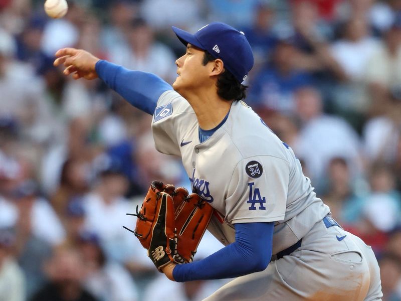 Aug 13, 2025; Anaheim, California, USA;  Los Angeles Dodgers two-way player Shohei Ohtani (17) pitches during the first inning against the Los Angeles Angels at Angel Stadium. Mandatory Credit: Kiyoshi Mio-Imagn Images