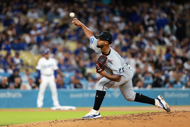 May 6, 2024; Los Angeles, California, USA;  Miami Marlins pitcher Roddery Munoz (71) pitches during the second inning against the Los Angeles Dodgers at Dodger Stadium. Mandatory Credit: Kiyoshi Mio-USA TODAY Sports