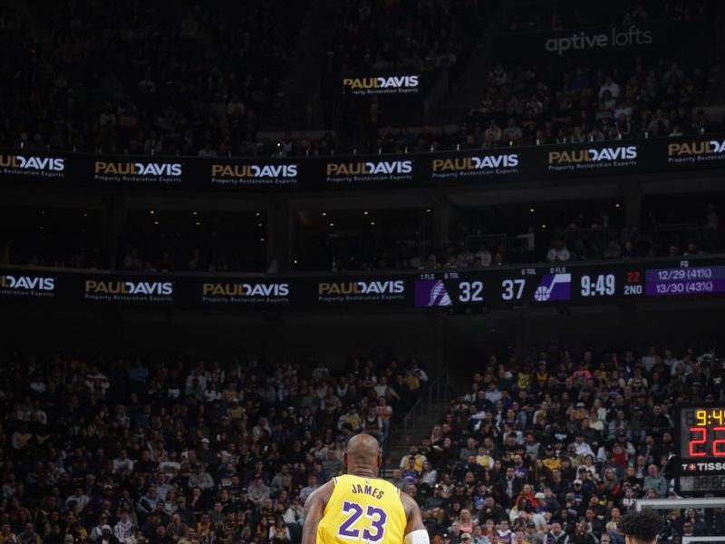 SALT LAKE CITY, UT - FEBRUARY 12: LeBron James #23 of the Los Angeles Lakers brings the ball up court during the game against the Utah Jazz on February 12, 2025 at Delta Center in Salt Lake City, Utah. NOTE TO USER: User expressly acknowledges and agrees that, by downloading and or using this Photograph, User is consenting to the terms and conditions of the Getty Images License Agreement. Mandatory Copyright Notice: Copyright 2025 NBAE(Photo by Melissa Majchrzak/NBAE via Getty Images)