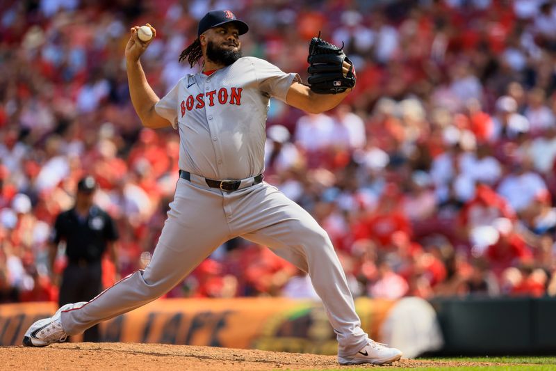 Jun 23, 2024; Cincinnati, Ohio, USA; Boston Red Sox relief pitcher Kenley Jansen (74) pitches against the Cincinnati Reds in the ninth inning at Great American Ball Park. Mandatory Credit: Katie Stratman-USA TODAY Sports