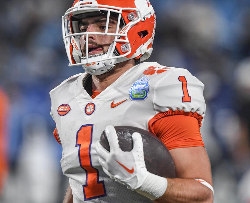 Dec 3, 2022; Charlotte, NC, USA; Clemson Tigers running back Will Shipley (1) warms up  before the ACC Championship game against the North Carolina Tarheels at Bank of America Stadium. Mandatory Credit: Ken Ruinard-USA TODAY NETWORK