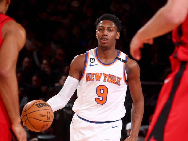 NEW YORK, NY - MARCH 27: RJ Barrett #9 of the New York Knicks dribbles the ball during the game against the Houston Rockets on March 27, 2023 at Madison Square Garden in New York City, New York.  NOTE TO USER: User expressly acknowledges and agrees that, by downloading and or using this photograph, User is consenting to the terms and conditions of the Getty Images License Agreement. Mandatory Copyright Notice: Copyright 2023 NBAE  (Photo by Nathaniel S. Butler/NBAE via Getty Images)