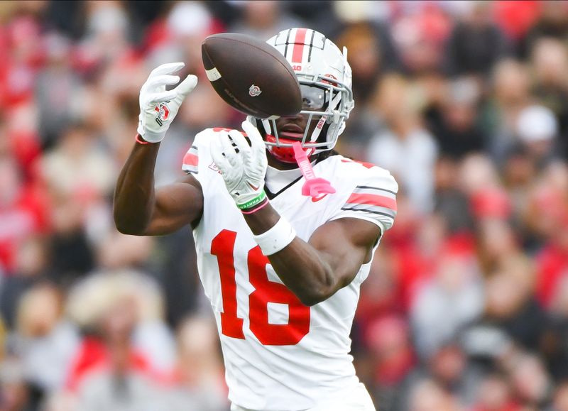 Oct 14, 2023; West Lafayette, Indiana, USA;  Ohio State Buckeyes wide receiver Marvin Harrison Jr. (18) catches a pass during the first half at Ross-Ade Stadium. Mandatory Credit: Robert Goddin-USA TODAY Sports