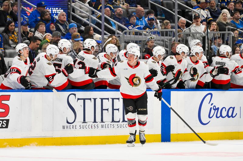 Nov 28, 2025; St. Louis, Missouri, USA; Ottawa Senators left wing Fabian Zetterlund (20) is congratulated by teammates after scoring against the St. Louis Blues during the second period at Enterprise Center. Mandatory Credit: Jeff Curry-Imagn Images