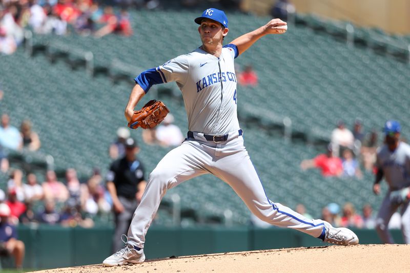 May 30, 2024; Minneapolis, Minnesota, USA; Kansas City Royals starting pitcher Daniel Lynch IV (41) delivers a pitch against the Minnesota Twins during the first inning at Target Field. Mandatory Credit: Matt Krohn-USA TODAY Sports