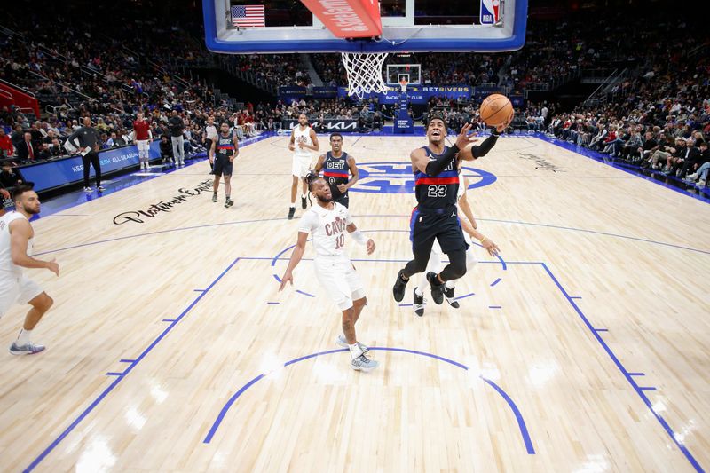 DETROIT, MI - MARCH 1: Jaden Ivey #23 of the Detroit Pistons drives to the basket during the game against the Cleveland Cavaliers on March 1, 2024 at Little Caesars Arena in Detroit, Michigan. NOTE TO USER: User expressly acknowledges and agrees that, by downloading and/or using this photograph, User is consenting to the terms and conditions of the Getty Images License Agreement. Mandatory Copyright Notice: Copyright 2024 NBAE (Photo by Brian Sevald/NBAE via Getty Images)