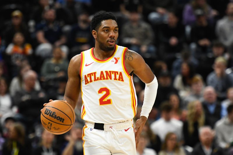 SALT LAKE CITY, UTAH - MARCH 15: Trent Forrest #2 of the Atlanta Hawks in action during the first half of a game against the Utah Jazzat Delta Center on March 15, 2024 in Salt Lake City, Utah.  NOTE TO USER: User expressly acknowledges and agrees that, by downloading and or using this photograph, User is consenting to the terms and conditions of the Getty Images License Agreement.  (Photo by Alex Goodlett/Getty Images)