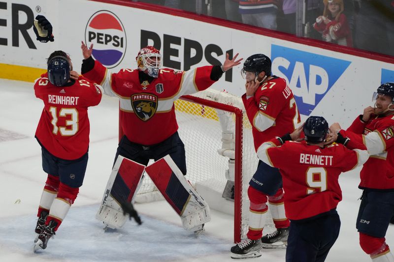 Jun 24, 2024; Sunrise, Florida, USA; Florida Panthers celebrate winning against the Edmonton Oilers in game seven of the 2024 Stanley Cup Final at Amerant Bank Arena. Mandatory Credit: Jim Rassol-USA TODAY Sports