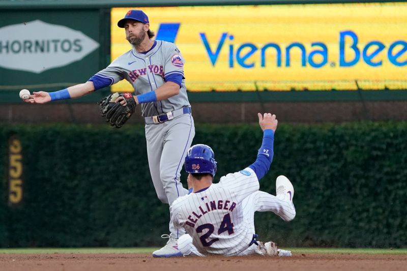 Jun 23, 2024; Chicago, Illinois, USA; New York Mets second baseman Jeff McNeil (1) forces out Chicago Cubs outfielder Cody Bellinger (24) at second base during the fifth inning at Wrigley Field. Mandatory Credit: David Banks-USA TODAY Sports
