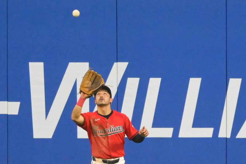 Sep 12, 2024; Cleveland, Ohio, USA; Cleveland Guardians left fielder Steven Kwan (38) makes a catch in the second inning against the Tampa Bay Rays at Progressive Field. Mandatory Credit: David Richard-Imagn Images