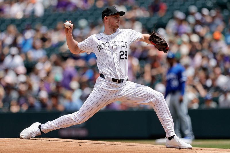 Jul 7, 2024; Denver, Colorado, USA; Colorado Rockies starting pitcher Tanner Gordon (29) pitches in the first inning against the Kansas City Royals at Coors Field. Mandatory Credit: Isaiah J. Downing-USA TODAY Sports