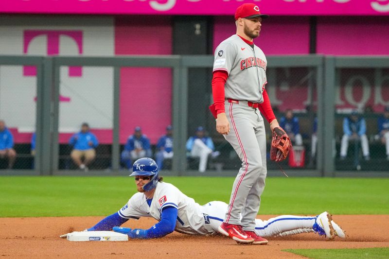 May 27, 2025; Kansas City, Missouri, USA; Kansas City Royals shortstop Bobby Witt Jr. (7) steals second base as Cincinnati Reds second base Gavin Lux (2) looks on during the first inning at Kauffman Stadium. Mandatory Credit: Denny Medley-Imagn Images