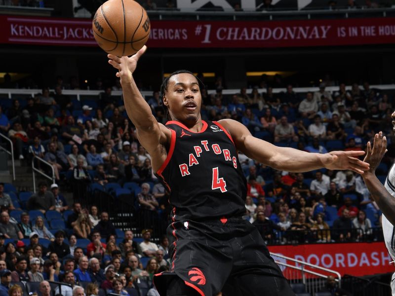 ORLANDO, FL - MARCH 4:  Scottie Barnes #4 of the Toronto Raptors passes the ball during the game against the Orlando Magic on March 4, 2025 at Kia Center in Orlando, Florida. NOTE TO USER: User expressly acknowledges and agrees that, by downloading and or using this photograph, User is consenting to the terms and conditions of the Getty Images License Agreement. Mandatory Copyright Notice: Copyright 2025 NBAE (Photo by Fernando Medina/NBAE via Getty Images)