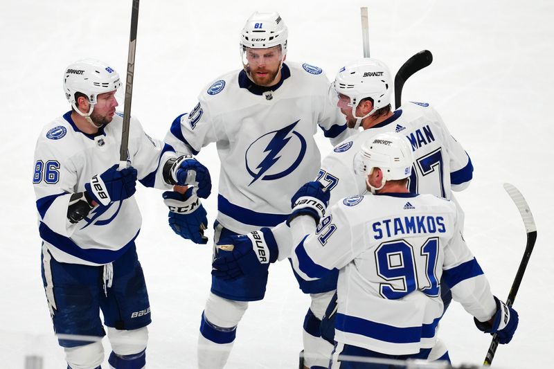Mar 19, 2024; Las Vegas, Nevada, USA; Tampa Bay Lightning right wing Nikita Kucherov (86) celebrates with team mates after scoring an empty net goal against the Vegas Golden Knights during the third period at T-Mobile Arena. Mandatory Credit: Stephen R. Sylvanie-USA TODAY Sports
