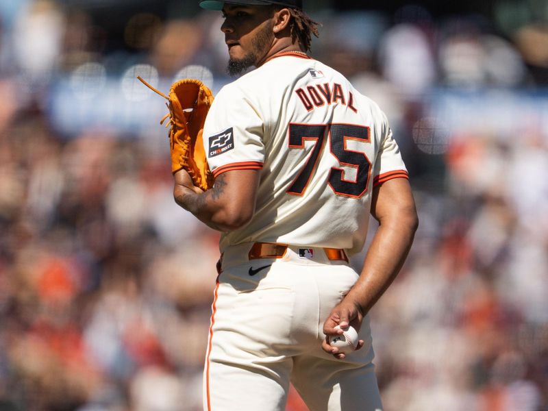 Jun 16, 2024; San Francisco, California, USA; San Francisco Giants relief pitcher Camilo Doval (75) prepares to pitch during the ninth inning against the Los Angeles Angels at Oracle Park. Mandatory Credit: Stan Szeto-USA TODAY Sports