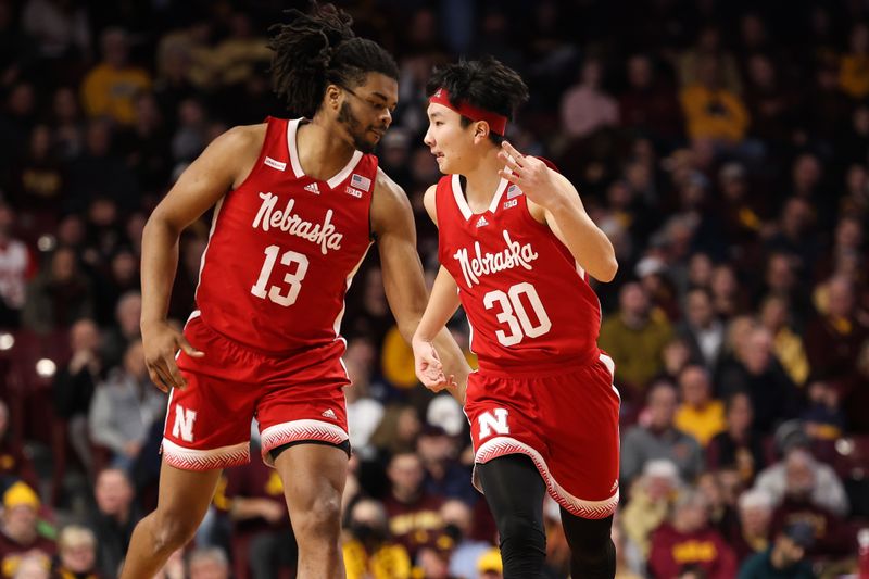 Jan 7, 2023; Minneapolis, Minnesota, USA; Nebraska Cornhuskers guard Keisei Tominaga (30) reacts to his shot against the Minnesota Golden Gophers during the first half at Williams Arena. Mandatory Credit: Matt Krohn-USA TODAY Sports