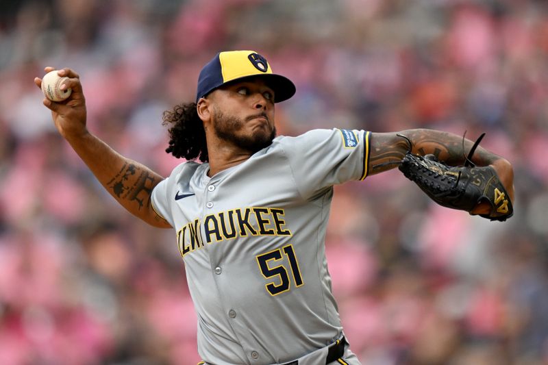 Jun 8, 2024; Detroit, Michigan, USA;  Milwaukee Brewers starting pitcher Freddy Peralta (51) throws a pitch against the Detroit Tigers in the second inning at Comerica Park. Mandatory Credit: Lon Horwedel-USA TODAY Sports