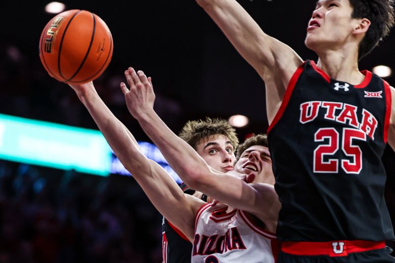 Feb 26, 2025; Tucson, Arizona, USA; Arizona Wildcats guard Anthony Dell’Orso (3) makes a lay up while Utah Utes forward Jake Wahlin (10) fails to block him during the second half at McKale Center. Mandatory Credit: Aryanna Frank-Imagn Images