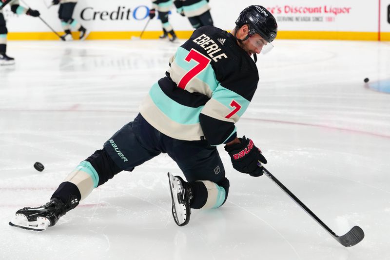 Mar 21, 2024; Las Vegas, Nevada, USA; Seattle Kraken right wing Jordan Eberle (7) warms up before a game against the Vegas Golden Knights at T-Mobile Arena. Mandatory Credit: Stephen R. Sylvanie-USA TODAY Sports