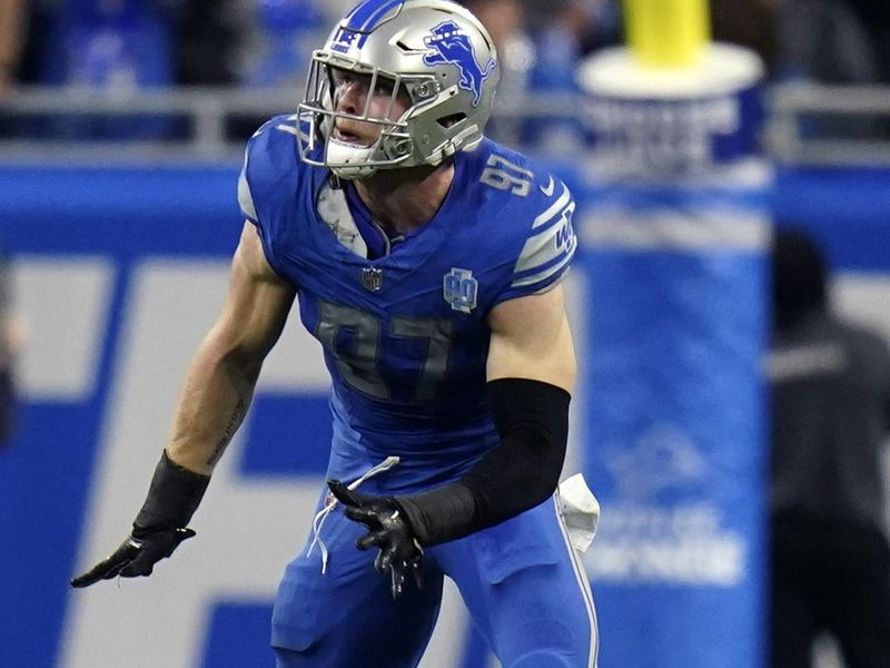 Detroit Lions defensive end Aidan Hutchinson (97) during an NFL wild-card football game against the Los Angeles Rams, Sunday, Jan. 15, 2023 in Detroit. Lions won 24-23. (AP Photo/Vera Nieuwenhuis)