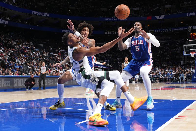 PHILADELPHIA, PA - OCTOBER 22: Giannis Antetokounmpo #34 of the Milwaukee Bucks goes up for the rebound during the game against the Philadelphia 76ers on October 22, 2024 at the Wells Fargo Center in Philadelphia, Pennsylvania NOTE TO USER: User expressly acknowledges and agrees that, by downloading and/or using this Photograph, user is consenting to the terms and conditions of the Getty Images License Agreement. Mandatory Copyright Notice: Copyright 2024 NBAE (Photo by Jesse D. Garrabrant/NBAE via Getty Images)