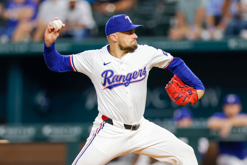 Sep 4, 2024; Arlington, Texas, USA; Texas Rangers pitcher Nathan Eovaldi (17) throws during the first inning against the New York Yankees at Globe Life Field. Mandatory Credit: Andrew Dieb-Imagn Images
