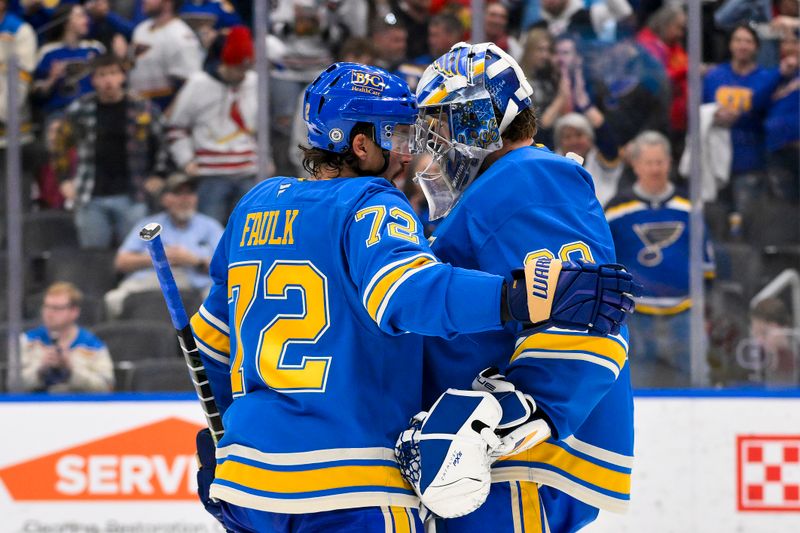 Mar 22, 2025; St. Louis, Missouri, USA;  St. Louis Blues goaltender Joel Hofer (30) and defenseman Justin Faulk (72) celebrate after the Blues defeated the Chicago Blackhawks at Enterprise Center. Mandatory Credit: Jeff Curry-Imagn Images