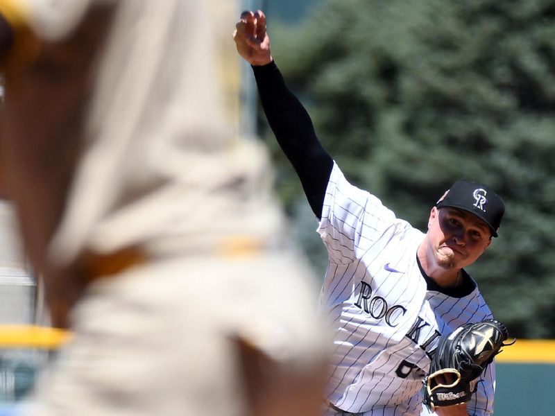 Aug 18, 2024; Denver, Colorado, USA; Colorado Rockies pitcher Bradley Blalock (64) throws during the first inning against the San Diego Padres at Coors Field. Mandatory Credit: Christopher Hanewinckel-USA TODAY Sports