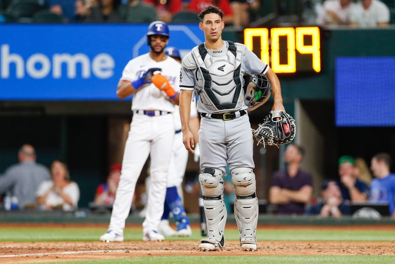 Aug 2, 2023; Arlington, Texas, USA; Chicago White Sox catcher Seby Zavala (44) looks over to the dugout questioning a home run call during the sixth inning against the Texas Rangers at Globe Life Field. Mandatory Credit: Andrew Dieb-USA TODAY Sports