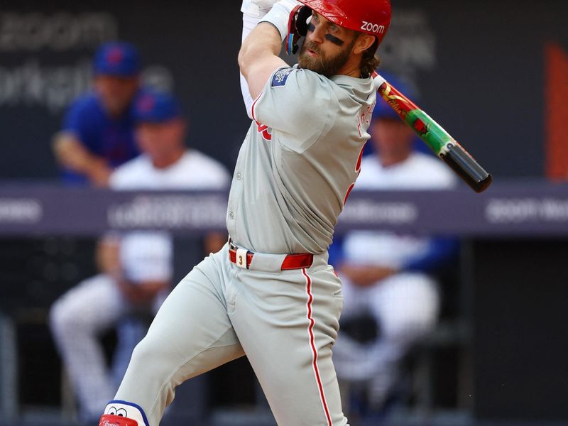 [US, Mexico & Canada customers only] June 8, 2024; London, UNITED KINGDOM;  Philadelphia Phillies player Bryce Harper at bat against the New York Mets during a London Series baseball game at Queen Elizabeth Olympic Park. Mandatory Credit: Matthew Childs/Reuters via USA TODAY Sports