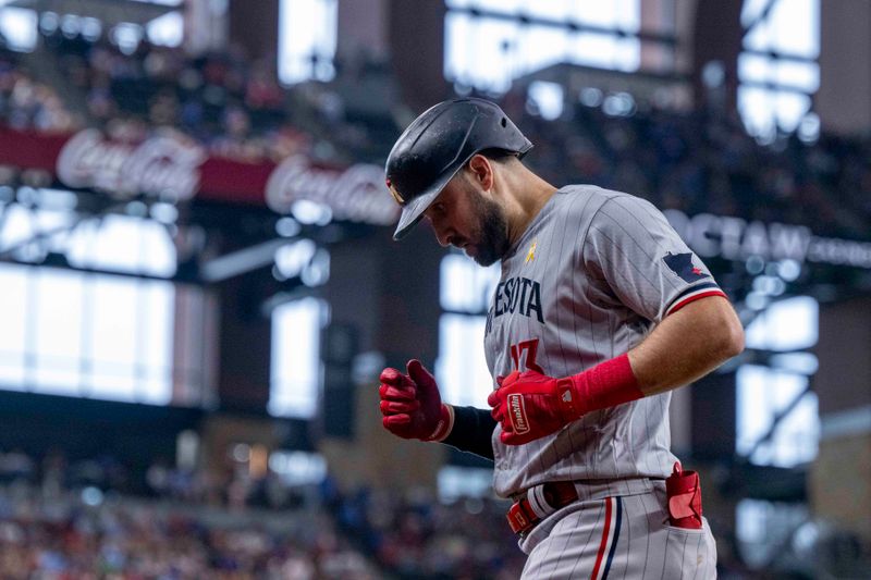 Sep 3, 2023; Arlington, Texas, USA; Minnesota Twins first baseman Joey Gallo (13) trots back to the dugout after striking out against the Texas Rangers during the third inning at Globe Life Field. Mandatory Credit: Jerome Miron-USA TODAY Sports